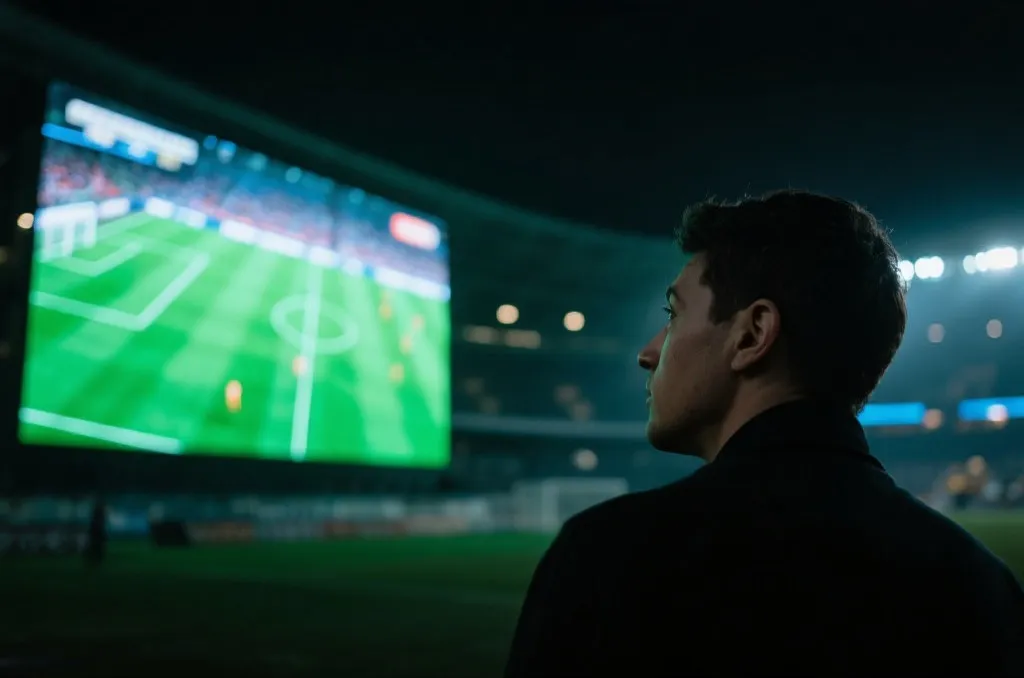 夜空下亮着灯光的巨大足球场与沉思的观众